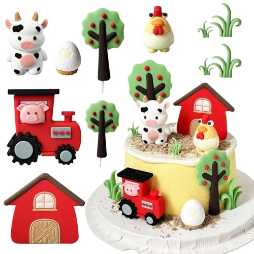 YushengTai Bauernhof Geburtstag Deko, Bauernhof Tortendekoration, Kuh Tortendekoration, Tortendeko Traktor Kuh Schwein Huhn, Tier Thema Party Deko, Geburtstag Kuchen Dekoration für Mädchen und Jungen