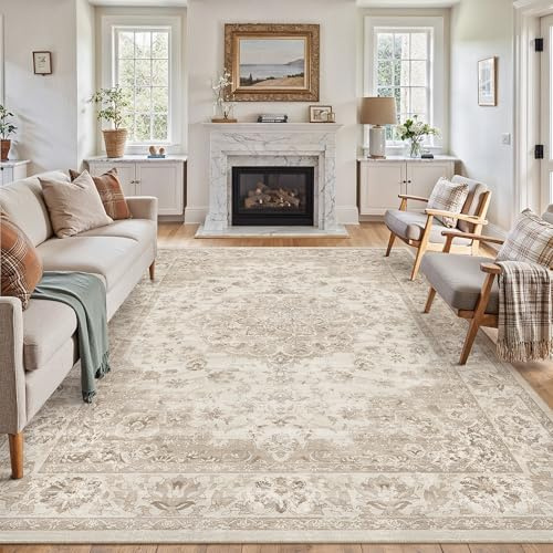 PureCozy Vintage Tappeto Salotto 200x300cm Camera da Letto Antiscivolo Lavabile Grande Tappeti Sala Soggiorno Cameretta Ufficio Carpet Morbido Pelo Corto Rug,Beige