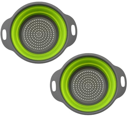Morbuy Set Scolapasta Pieghevole, Colino Pieghevole per Cucina Set di 2 Scolapasta Silicone con Manico Colino per Pasta in Plastica per Campeggio, Insalate e Frutta (Verde,S 20x24.5cm)
