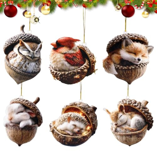 Vibbang 6 piezas Adornos de bosque con roble y animales, adornos navideños de roble, decoraciones acrílicas para árbol de Navidad, encantadores y acogedores animales durmiendo colgantes, decoraciones