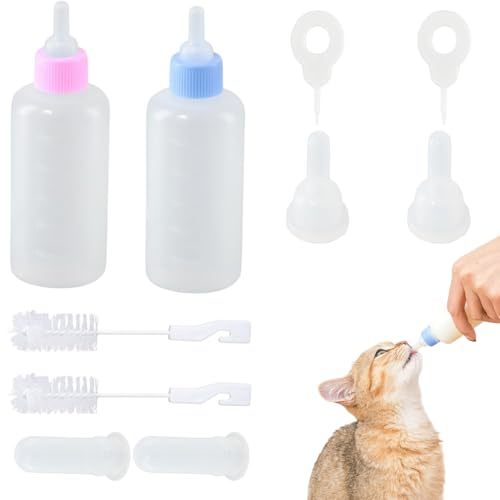 Kitten Bottle Feeding Kit, Small Kitten Bottle with Cleaning Brush and Replacement Nipples for Newborn Pets Puppies Rabbits Small Animals