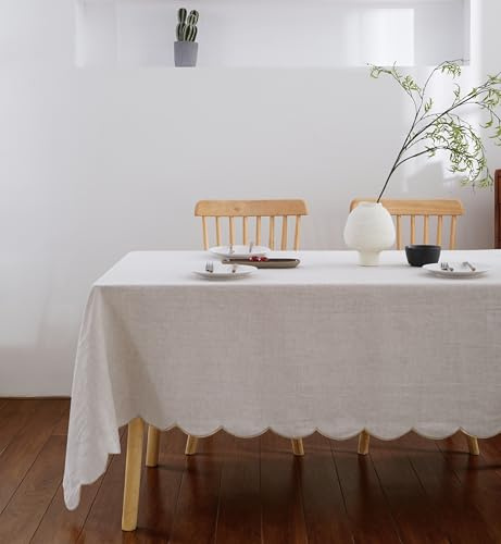 AORISSI 100% French Flax Linen Scalloped Embroidery Rectangle Tablecloths 120Lx60W Inch for Dinners, Parties, Spring, Machine Washable, 10-12 Sets, 60''x120'', Linen(Edges-Gold)