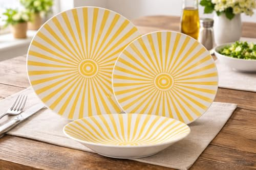 Set Piatti 18 Pezzi in Ceramica Decorata – Design Sole Giallo – Piatti Piani 23 cm, Fondi 20 cm, Frutta 19 cm – Servizio Tavola per 6 Persone