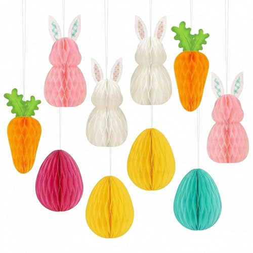 12pcs Easter Hanging Decorations, Honeycomb Balls with Bunny Egg Carrot Shapes,Colorful Paper Ornaments for Easter Tree, Window, and Indoor Party Decors