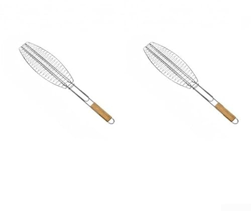 Edelstahl Fischgrill Halter mit Holzgriff, 56 x 12 cm, doppelseitiger BBQ Grillclip für Outdoor Grillen (2er-Pack)