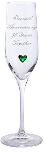 Chichi Gifts 2 Emerald Anniversary 55 Years Together Pair of Dartington Champagne Flutes Glasses with Emerald Heart Gem