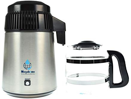 Megahome MH943SBS Destilador con jarra de cristal, 4 litros de agua pura y destilada, sin contacto con plástico, sin filtro de agua, incluye libro en alemán, color acero inoxidable/negro