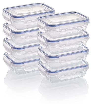 Grizzly Juego de recipientes herméticos para alimentos, 8 recipientes rectangulares herméticos para almacenamiento de alimentos, altos, rectangulares, apilables,aptos para microondas y lavavajillas