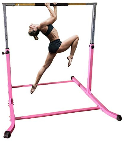 Pro-Gymnastics Expandable Gymnastics Kip Bar Horizontal Bar Junior Gymnastic Training High Bar Asymmetric Bar 13 Level Height Adjustable 3 to 5 FT Cushioned Bar & Curved Legs (Pink)