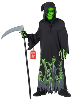 Morph Costume Morte Bambino, Costume Halloween Bambino | Mantello con Cappuccio, Maschera Luminosa & Falce, Brilla nel Buio, Perfetto per Halloween, Ideale per il Gioco di Ruolo