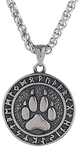 DFWY Männer Edelstahl Wikinger Bär Pfote Rune Anhänger Halskette, Nordic Runenbär Klaue Totem Heidnisches Amulett, Mode Vintage Warrior Charm Protection Tierschmuck (Color : Silver)