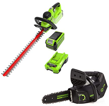 Greenworks Akku Heckenschere 40V 61cm Schnittlänge + Akku-Kettensäge