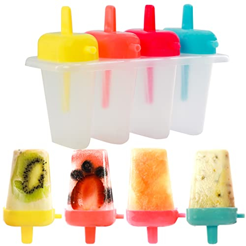 4 Ice Lolly Moulds, Healthy Refreshing Fruit Treat Maker with Sticks and Drip Guards, Ideal Summer Kitchen Activity with Children, DIY Popsicle, Great for Frozen Yogurt, Juice, Smoothies, Milkshake