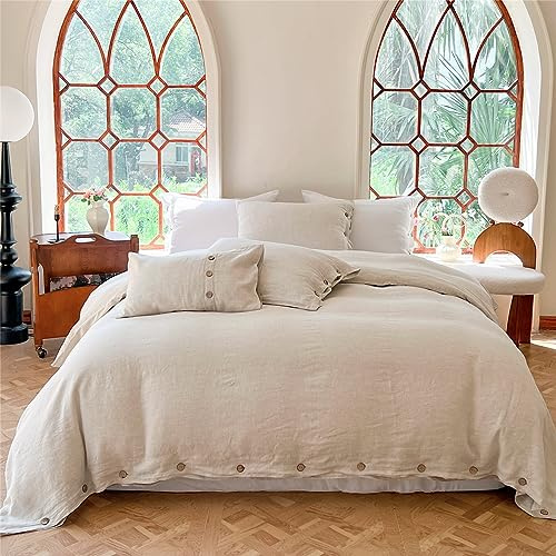 Simple&Opulence 100% Linen Duvet Cover Set 3pcs with Coconut Button Closure Natural French Washed Flax Solid Color Soft Breathable Farmhouse Bedding - Linen, California King