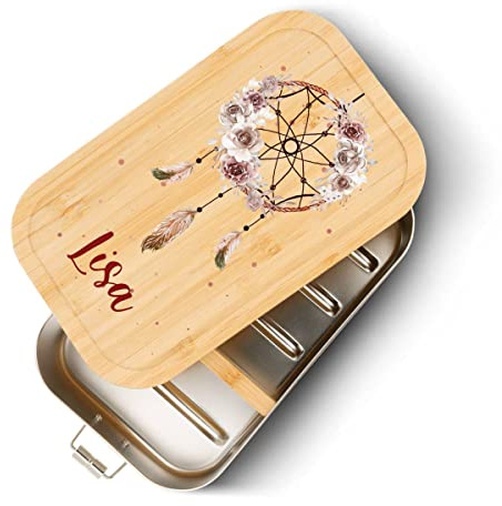 GRAVURZEILE Brotdose aus Edelstahl mit bedrucktem Bambusholzdeckel - Lunchbox mit Traumfänger Motiv - Personalisiert mit Name - Geschenk für Kinder zum Schulanfang - Größe: Groß
