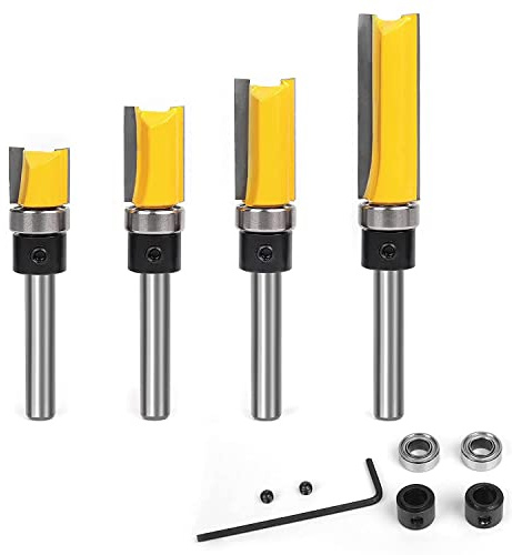 TOOLDO Musterbündiges Fräser-Set, Holz Fräser, Fasenfräser, 4 Stück Oberfräsen-Bits, 1/4 Zoll Schaftlager, bündige Verkleidung, Schnittlänge 1,27 cm, 3/4 Zoll, 2,5 cm, 3,8 cm