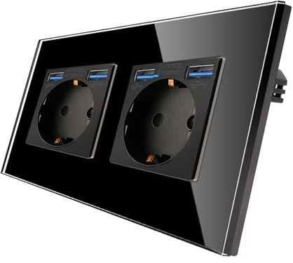 CNBINGO Steckdose Unterputz mit USB Ports (Max.2,1 A), 2-Fach Schwarz Glas | Schuko Doppelsteckdose mit USB-A, Wandsteckdose mit Kindersicherung, Horizontal oder Vertikal, DIY-Montage, Glasrahmen