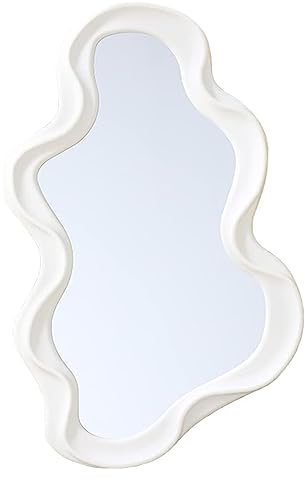 Mokoze Espejo asimétrico de pared, espejos decorativos únicos creativos, espejo ondulado funky de 41 x 25 cm, borde irregular, espejo blanco para decoración de baño y sala de estar