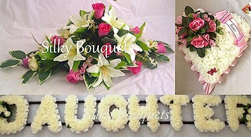 Silky Bouquets Floral Daughter Heart & Spray Silk Funeral Flower Package Letter Tribute