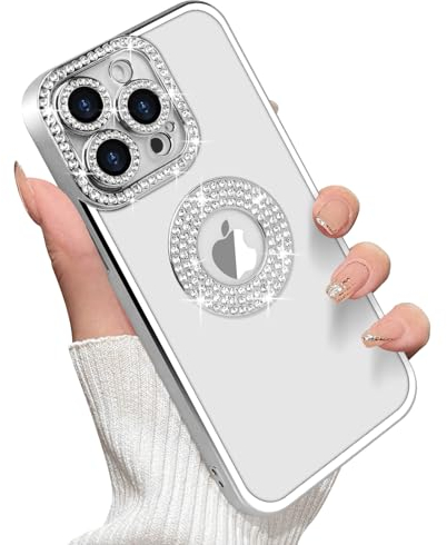 Losin Kompatibel mit iPhone 15 Pro Glitzer Hülle mit Logo View für Frauen Mädchen Luxus Süß Diamant Hülle Bling Kamera Schutz Weich Klar TPU Sparkle Strass Stoßfest Cover Silber