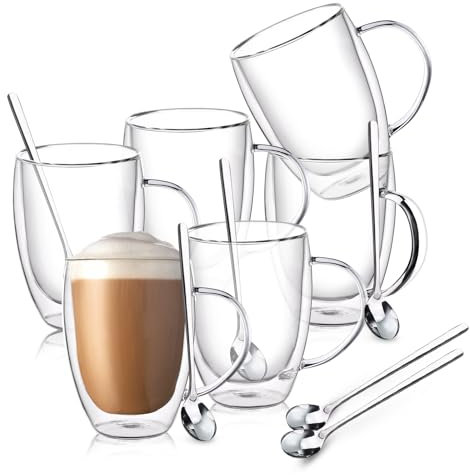FULGNU Double Wall Glass Coffee Mugs, 12 Oz Clear Coffee Mugs with Handle, Insulated Glass Coffee Mugs Set of 6, Perfect for Espresso, Cappuccino, Latte, Americano, Tea Bag, Beverage