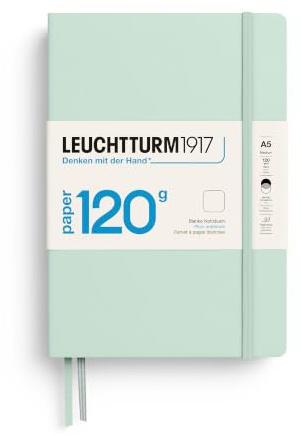 LEUCHTTURM1917 370343 Notizbuch Medium (A5) 120 g/m² Paper Edition, Hardcover, 203 nummerierte Seiten, Mint Green, blanko | blanko, 203 nummerierte Seiten, Fadenheftung, 2 Lesezeichen, Inhaltsverzeichnis, Verschlussgummi