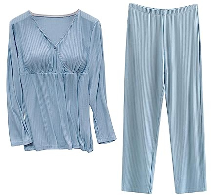 2pc Premamá Tops + Pantalones Pijama Materna de Manga Larga para Mujeres cómodo Color sólido Cuello en V Camiseta Moda Basic Ropa Premamá de Primavera Verano Regalo Durante el Embarazo