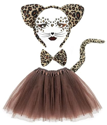 EUPSIIU 5 Pièces Déguisement Animaux Enfant, Tutu Jupe Autocollants Visage Léopard Ensemble de Bandeau d’Oreilles Queue Noeud Papillon Ensemble pou Carnaval Costume Fête Anniversaire (Brun)