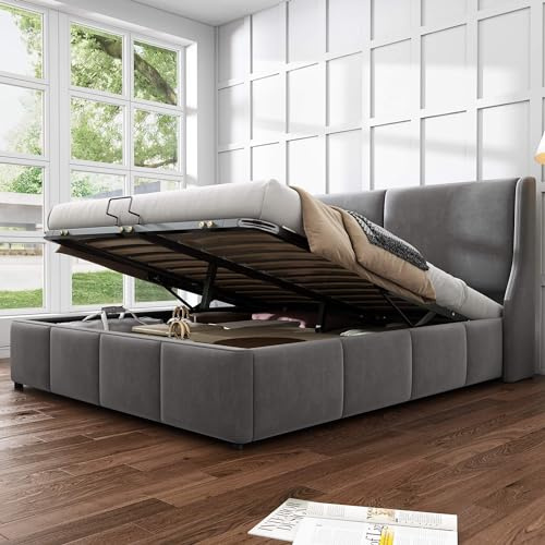 HYUB Polsterbett mit Stauraum 180 x 200cm, Bett mit Bettkasten und Lattenrost, Hydraulisch Doppelbett mit Kopfteil, Samt Continentalbett, für Erwachsene und Jugendliche, ohne Matratze, Grau