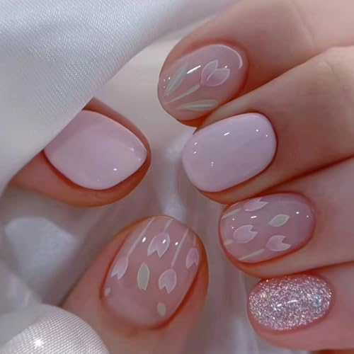 Ceboic 24 Stück Kurz Nägel Zum Aufkleben Mandel Lila Tulpen French Press on Nails Acryl Vollabdeckende Künstliche Fingernägel Oval Falsche Nägel für Frauen und Mädchen DIY Nagelkunst
