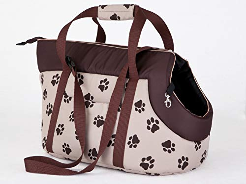 Hundetragetasche – Hundetransporttasche für kleine Hunde und Katzen bis 5 kg - praktische Transporttasche - Hundetasche - 25 x 50 x 27 cm - Beige mit Pfoten