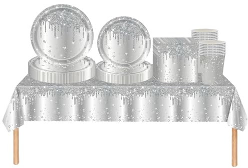 69pcs Silver Shiny Glitter Diamond Party Tableware Set Plastic Tablecloth,Paper Plates Napkins and Cups Disposable Dinnerware Set for Kids Adults Birthday,Wedding Christmas Silver Party Decorations