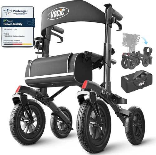 VOCIC All Terrain Rollator Walker, Foldable Outdoor Rollator with Seat Mobility Walker for Senior, Carry Bag, Brakes, 30cm/ 12'' Wheel Rubber Large Tyre, Suitable Travel, 5 Year Support