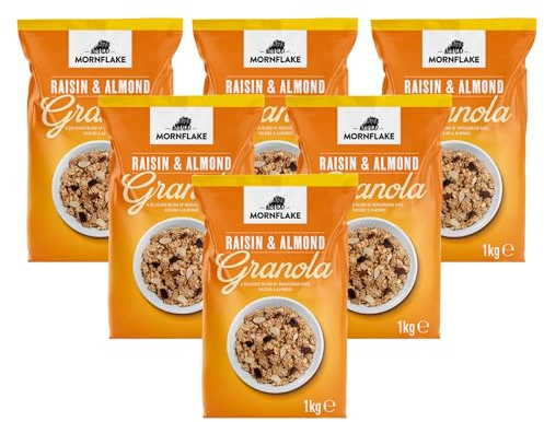 Mornflake - Crunchy Raisin & Almond Granola. 6x 1kg Bags. High Fibre Granola Cereal Multipack, Breakfast Cereal with Raisins, Almonds & Sunflower Seeds. All Natural Ingredients (Pack of 6)