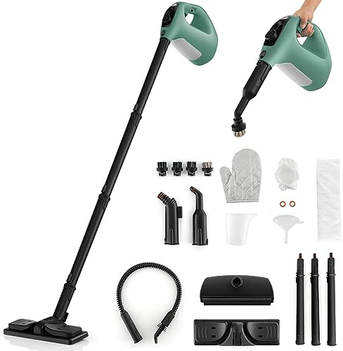 GYMAX Pulitore a Vapore Portatile, Vaporizzatore a Pressione 1400W per Pulizia, Pulitore a Vapore Multiuso con 14 Accessori per Cucina, Bagno, Pavimenti, Divani, Veicoli, Finestre (Verde)