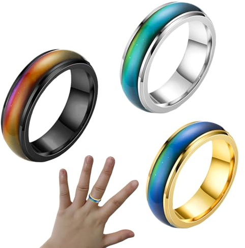 Watlikeup 3PCS Rotatable Mood Control Rings, Stainless Steel Color Changing Ring, Fashion Colorful Mood Rings for Kids Boys Women
