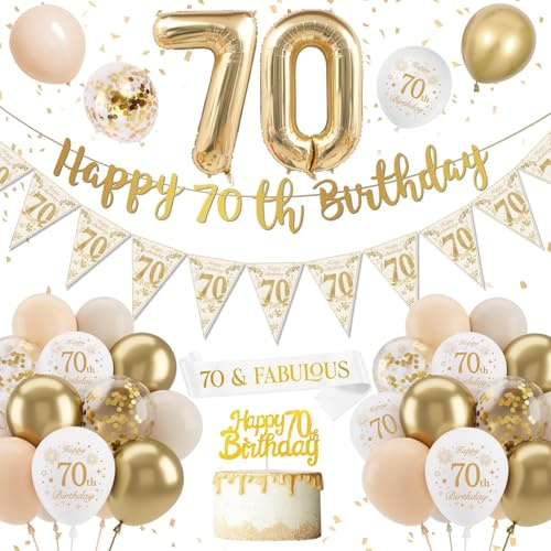 Decorazioni Compleanno 70 anni Donna, Bianco Oro Addobbi Palloncini, Festone Buon Compleanno Pallone Foil Gigante Numero 70, Palloncini 70 Anni Decorazioni Festa