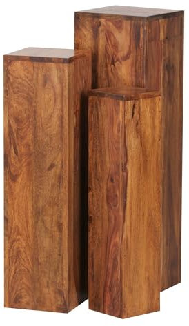 KADIMA DESIGN Beistelltisch 3er Set Sheesham Massivholz Satztisch Quadratisch Modern | Säulentisch Pflanzentisch 3-teilig | Blumenständer Blumentisch Wohnzimmer | Pflanzenhocker