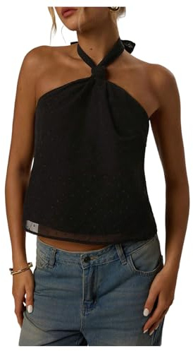 MakeMeChic Women's Tie Back Halter Tops Mesh Swiss Dots Knot Backless Sleeveless Tank Black Small