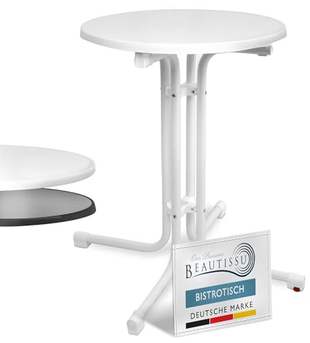 Beautissu Bistrotisch Outdoor Rund Stabiler Gartentisch klappbar Esstisch | Ø60cm 70cm hoch weiß Beistelltisch Balkontisch Campingtisch Partytisch Gastro Klapptisch Terrassentisch metall Bistroni