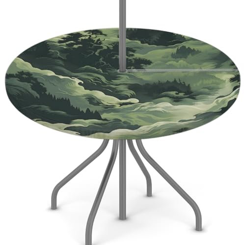 Woltant Tovaglia rotonda con foro per ombrellone e cerniera, facile da pulire, con bordi elastici, protezione per tavolo da giardino, patio, barbecue (verde scuro mimetico)