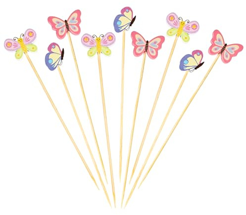 DMJJSD Palillos de madera para cócteles, 100 unidades, 13 cm, diseño de mariposa, palillos de frutas, palillos de fiesta, para cócteles, deliciosos aperitivos