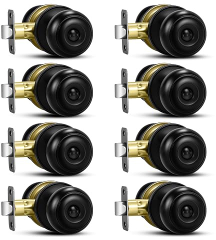 Plustool 8 Pack Matte Black Door Knobs, Privacy Door Knob with Lock, Interior Doorknobs with Round Ball, Keyless Door Lockset for Bedrooms Bathrooms