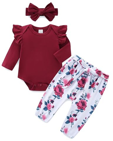 KIDDLETOWN 3Pcs Baby Girl Clothes Outfit Set Girls Long Sleeve Romper Top and Rose Printed Pant and Headband Newborn Clothing Ruffle Bodysuit Infant Girl Spring Fall Outfits Baby Grows 3-6 Months Red