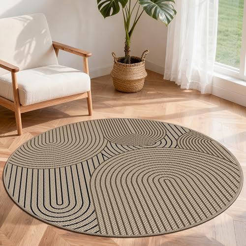 VSIWB Teppich rund 120 cm, Leichter Jute Aussehen Teppich, Rutschfest Wohnzimmerteppich, Outdoor Teppich Waschbarer, Minimalistisch Boho Teppich Braun für Schlafzimmer, Wohnzimmer und Balkon