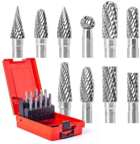 Harewtwy Juego de 10 Fresas de Carburo con Vástago de 1/4 de Pulgada, Fresa de Doble Corte para Fresar, Tallar, Grabar, Desbarbar y Taladrar Madera.