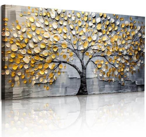 JHHUAMO Goldener Baum des Lebens Leinwand Bilder Wohnzimmer 50x100 cm | Lebensbaum Bild, Hochauflösender Druck, Einfaches Aufhängen, Exquisite Handwerkskunst, Vielseitig Einsetzbar