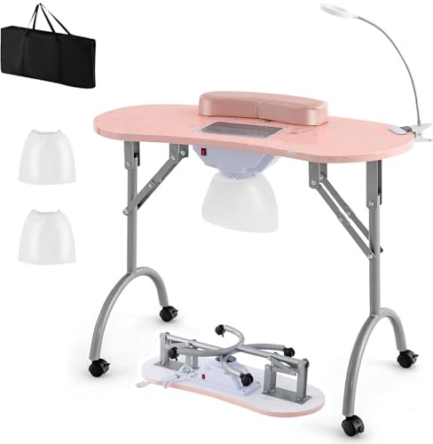 RELAX4LIFE Table Manucure Pliante avec Aspirateur | Table Manucure Pliable sur roulettes | Portable avec Sac | Lampe LED USB | Coussin de Poignet Amovible | Sac à Poussière | Motif Fleur (Rose)