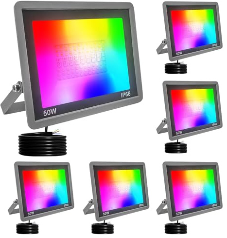 Fosingut RGB LED Strahler Außen 50W,Smart RGBCW LED Scheinwerfer Mit APP-Steuerung,Musiksync,Timer,Wasserdicht Farbwechsel Fluter,Dimmbar Garten Stimmungslicht für Weihnachten Party,Haloween,Bühn-6pcs