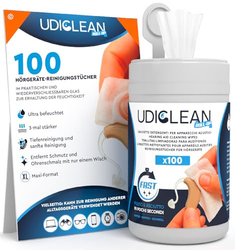 100 Reinigungstücher für Hörgeräte Reinigung und Reinigungsmittel Udiclean - Wiederverschließbarer Tiegel Speichert Feuchtigkeit - Maxi und Widerstandsfähige Tücher Sanfte und Schnelle Reinigung